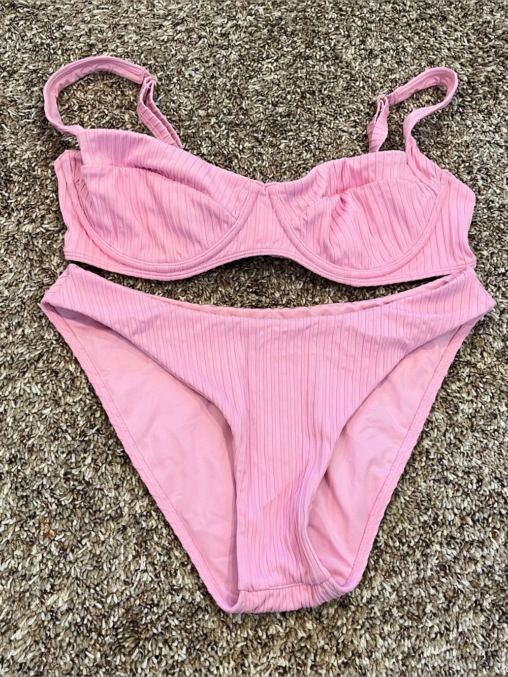 Monday Swimwear Pink Ribbed 2-Piece Bikini Set XL Top Large bottoms Underwire